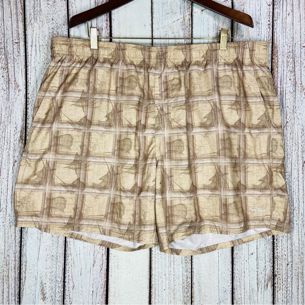 Guy Harvey Swim Trunks Mens XXL Tan Shorts Marlin Sword Fish Board Boating